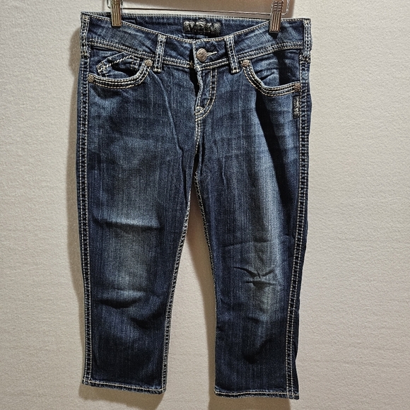 Silver Jeans Pants - Silver Jeans McKenzie Flap Capri Shorts Womens Size 29 Blue Denim Thick Stitch